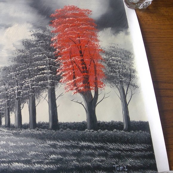 Oil Acrylic "Landscape of Trees" on Canvas Painting Shades of Gray and Red - Picture 14 of 15
